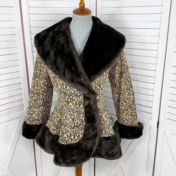 Newport News Jackets & Blazers - Newport News Vintage Embossed Faux Fir Trim Leather Princess Swing Coat Small